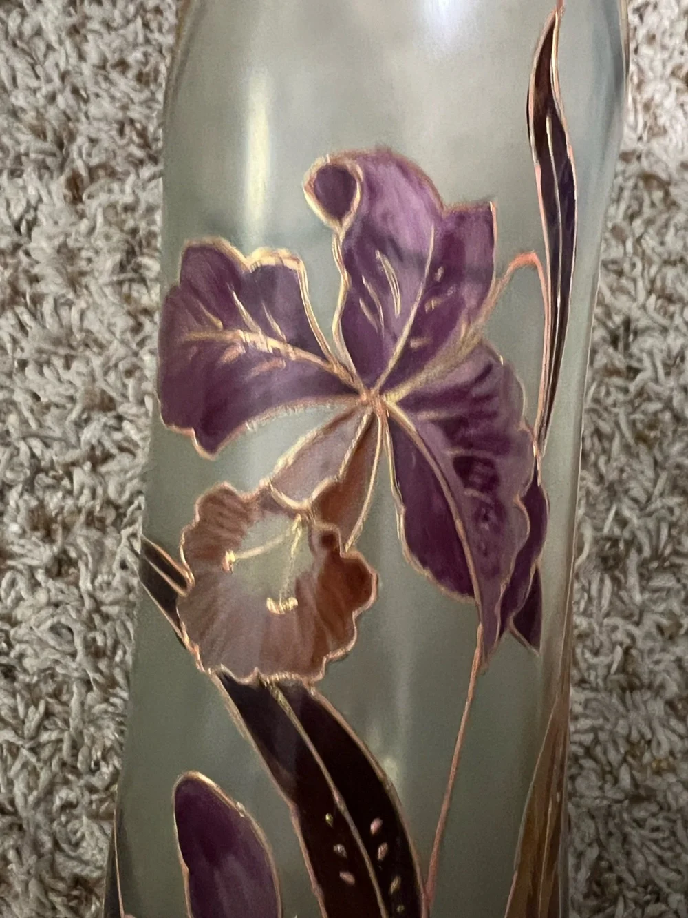 Art Nouveau vase by François-Théodore Legras w/purple irises and gold leaves.
